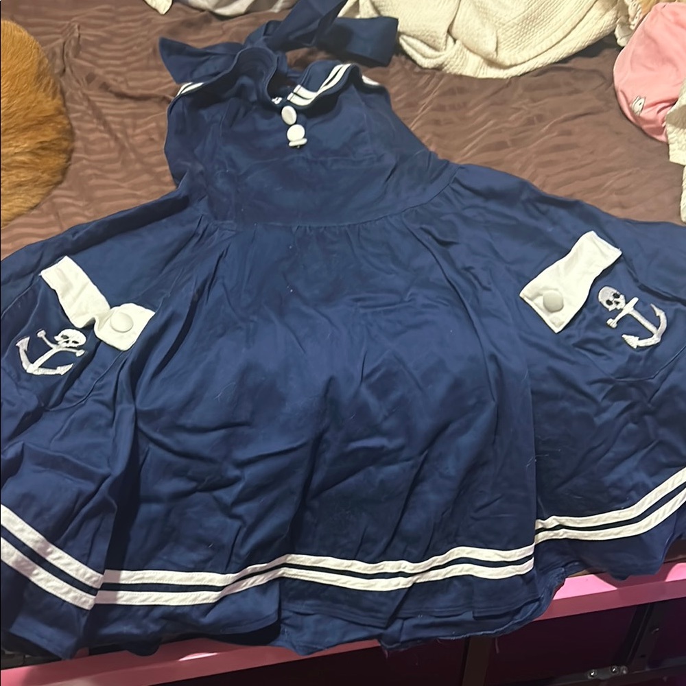 Hell Bunny Dark Blue Dress with Nautical Embroidery
